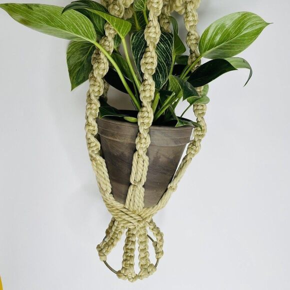 Macrame Plant Hanger Woven White Wood Beads 36" Long Vintage BOHO MCM - Picture 7 of 11
